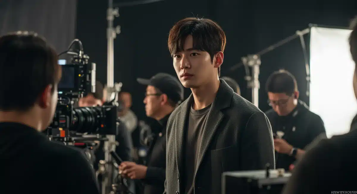 Young Korean actor on a K-drama set, focused and determined, embodying a rising star