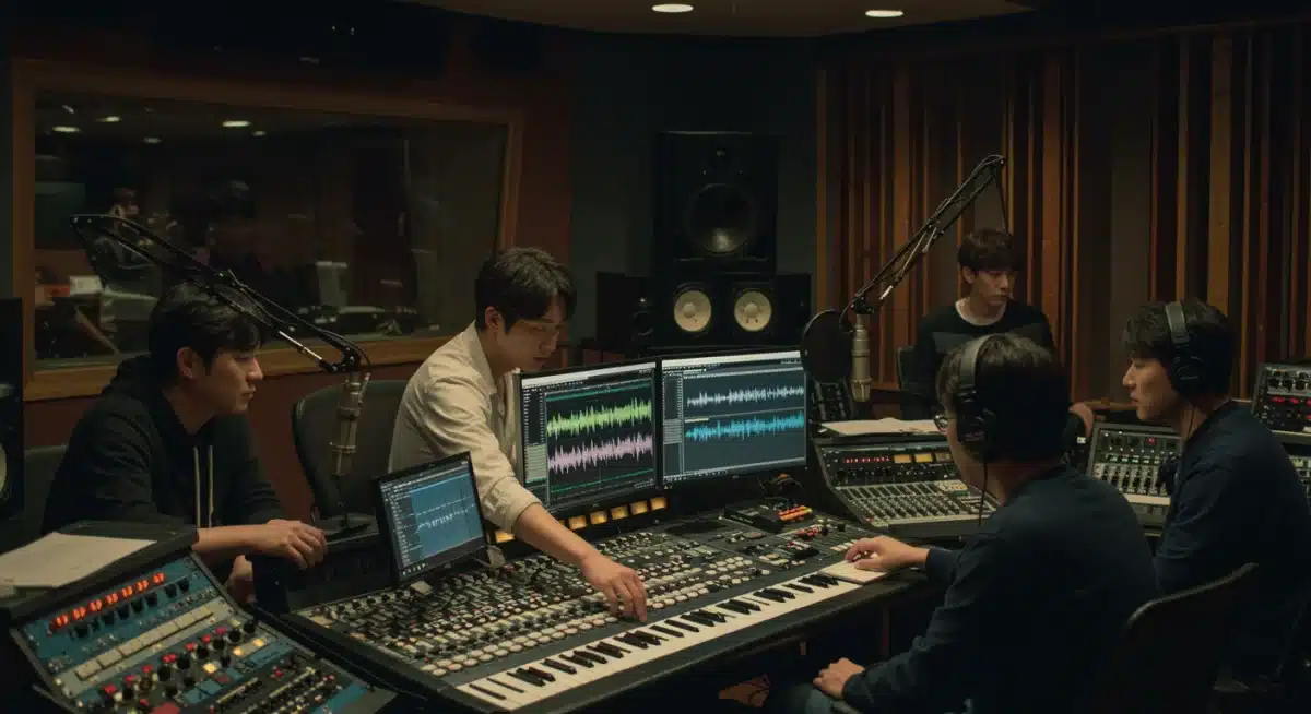 Musicians collaborating in a modern recording studio for a new K-Drama OST.