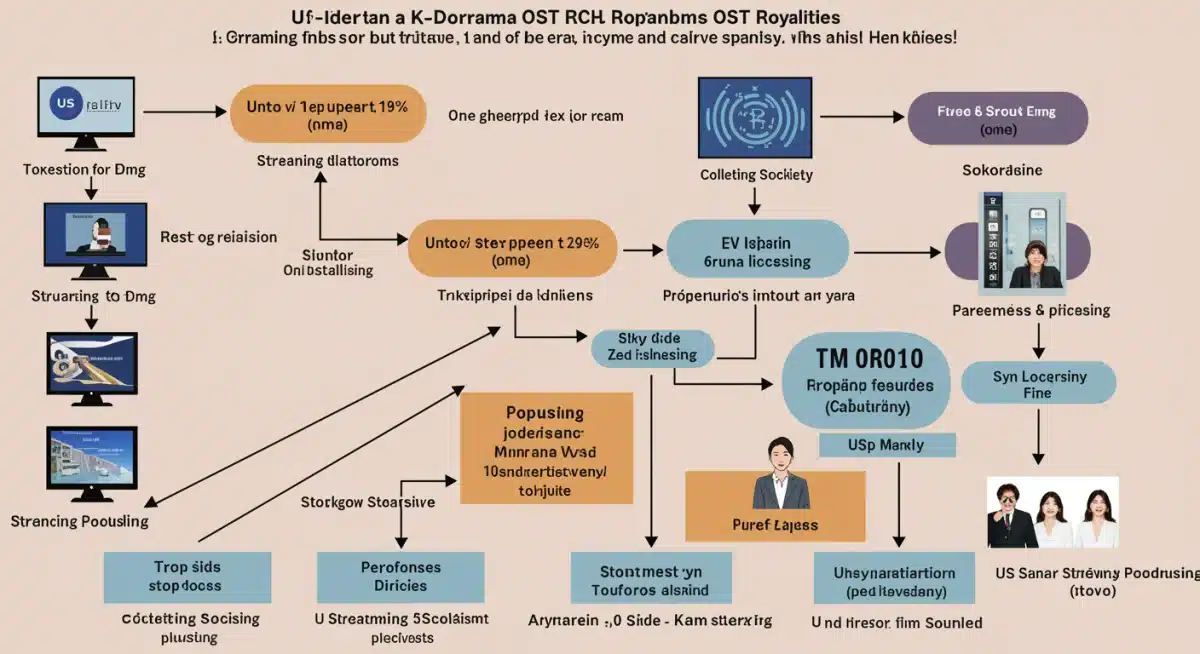Infographic showing the complex flow of K-Drama OST royalty payments in the US