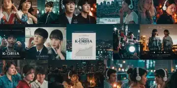 Dynamic collage of K-Drama OST album covers merging with U.S. music charts, symbolizing their growing influence on American listeners.