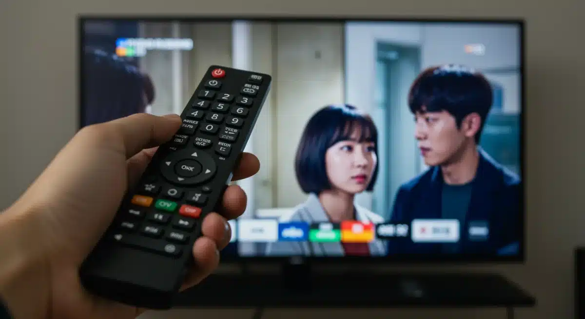 Hand holding a sleek remote control pointing at a smart TV displaying a K-Drama