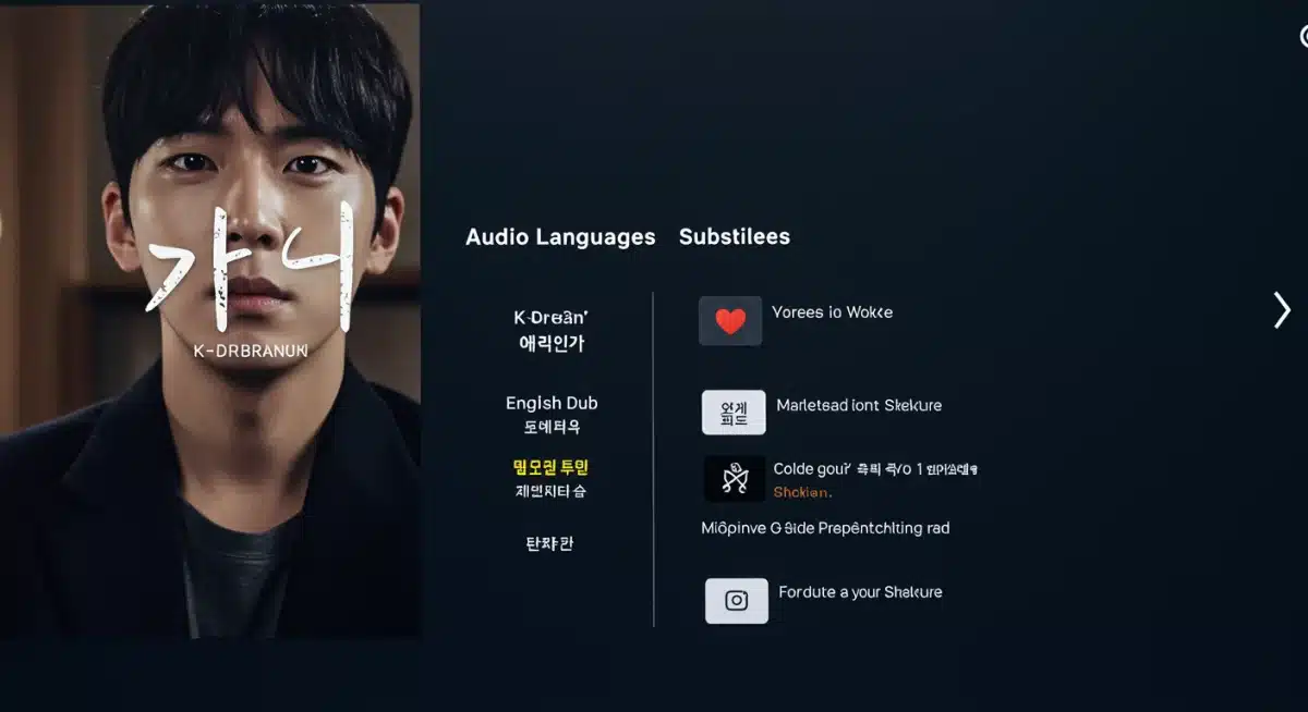 Streaming service interface showing K-drama audio and subtitle options on a smart TV.