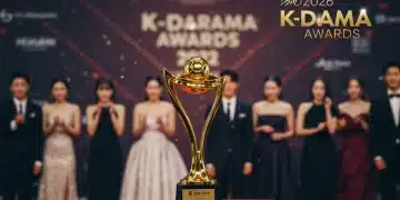 Golden awards trophy surrounded by K-drama stars on a red carpet for the 2026 K-Drama Awards