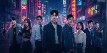 Futuristic cityscape with diverse K-drama actors, symbolizing 2026 premieres