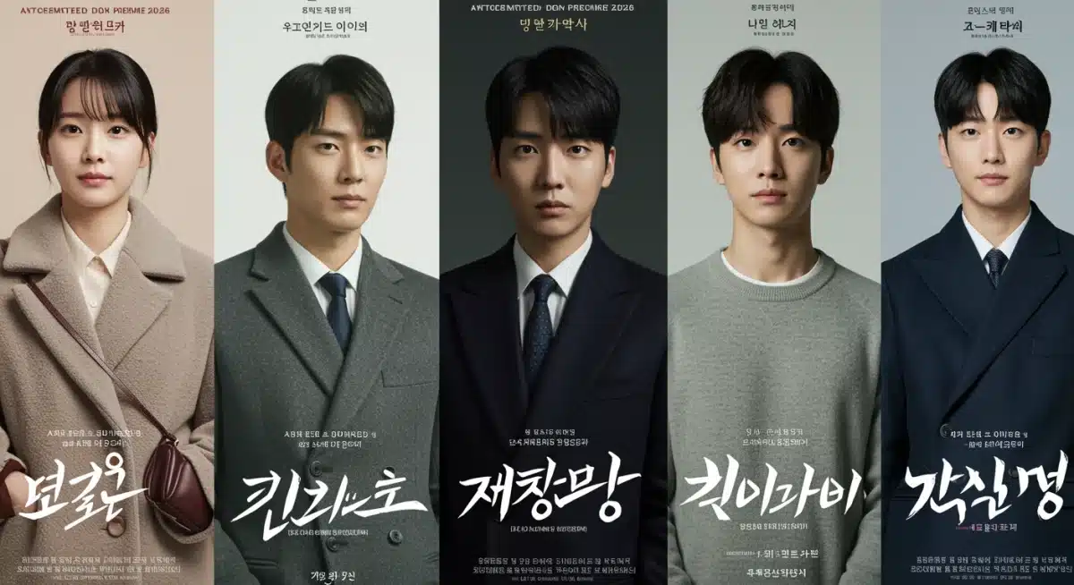 Collage of five distinct K-drama posters for 2026 premieres, showcasing diverse genres and casts