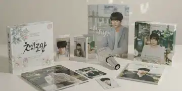 Collection of authentic K-drama OST merchandise including albums, photocards, and official lightsticks.