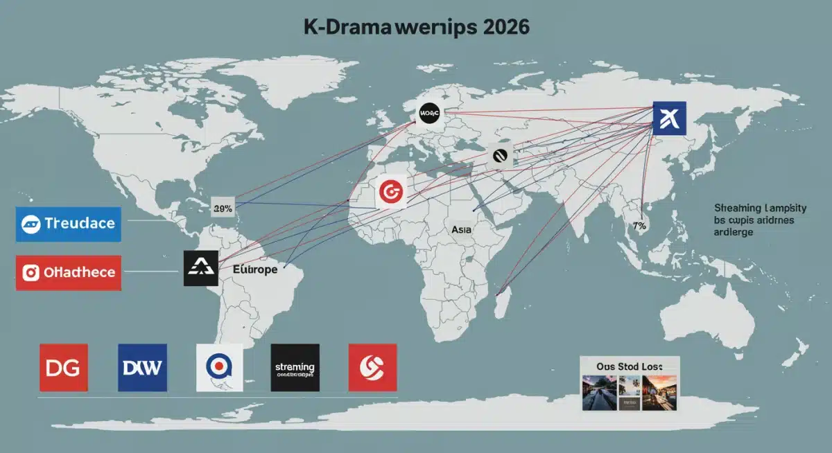 Infographic showing 2026 global K-drama viewership distribution across continents and streaming platforms.