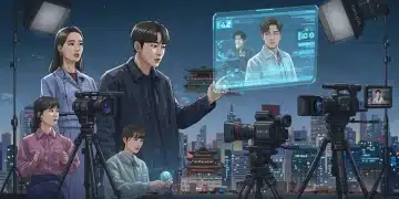 Futuristic K-drama production set with advanced cameras and holographic monitors in 2026.