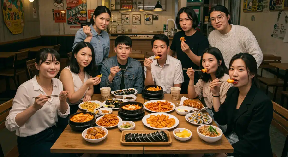 Diverse group enjoying Korean street food, reflecting K-drama culinary influence.