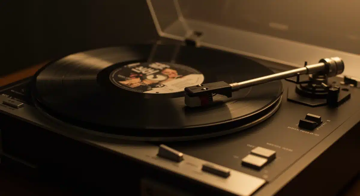 Vintage record player spinning a modern K-Drama OST vinyl, symbolizing timeless music.