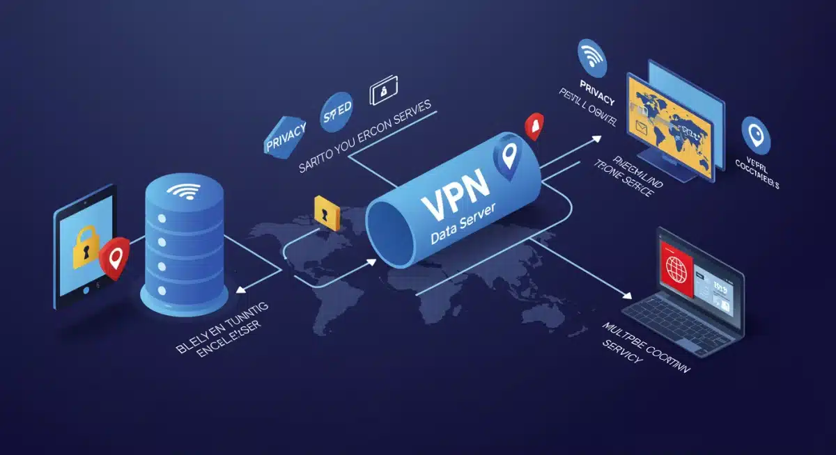 VPN data flow illustration with encrypted tunnel and server locations