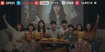 Friends watching K-Drama on a streaming platform in a cozy living room, enjoying snacks.