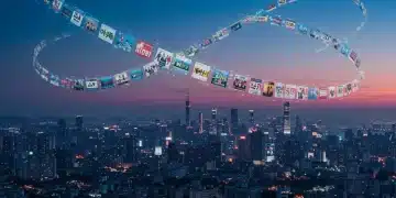 Futuristic city with K-drama streaming visuals, symbolizing global reach