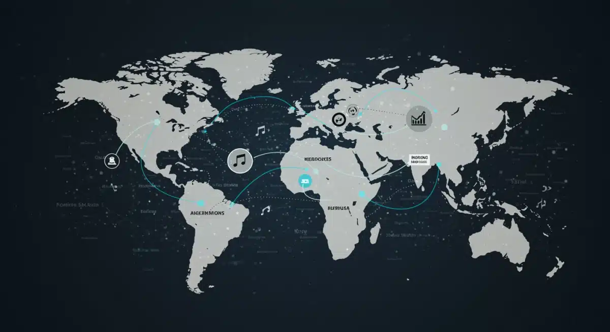Abstract global network representing music rights and licensing agreements