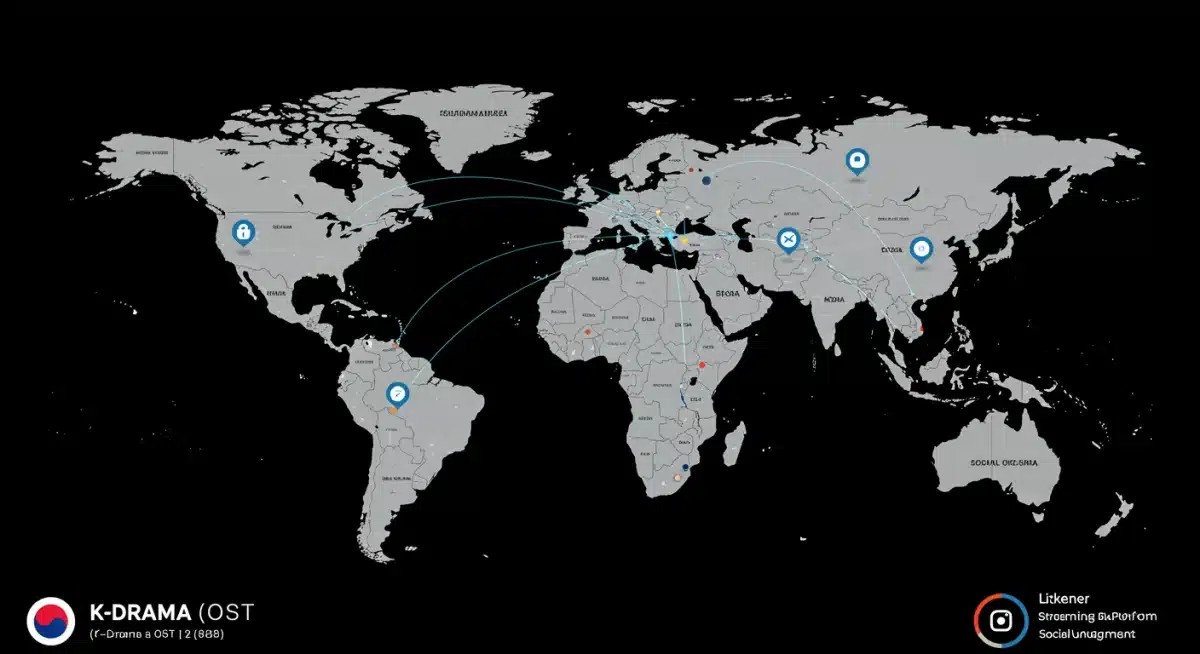 Global map illustrating the worldwide listener engagement and digital streaming reach of K-Drama OSTs.