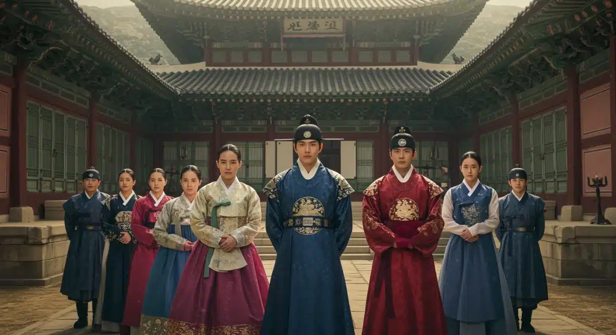 Actors in traditional hanbok on a palace set, depicting a historical K-Drama.