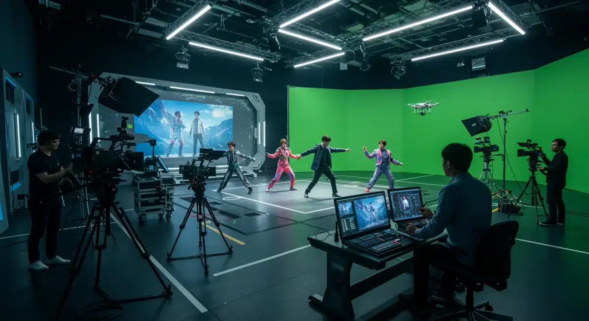 Advanced K-Drama production studio with modern equipment and crew, showcasing technological advancements.