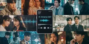 Futuristic music player displaying 2026 K-Drama OST with diverse drama character silhouettes and musical elements.