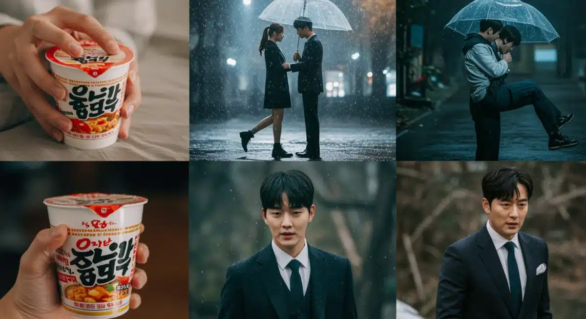 Visual representation of common K-drama tropes like ramen, umbrella scene, dramatic fall, and chaebol