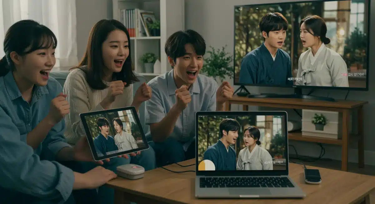 Friends enjoying diverse niche K-Dramas on multiple devices in a modern living room setting.