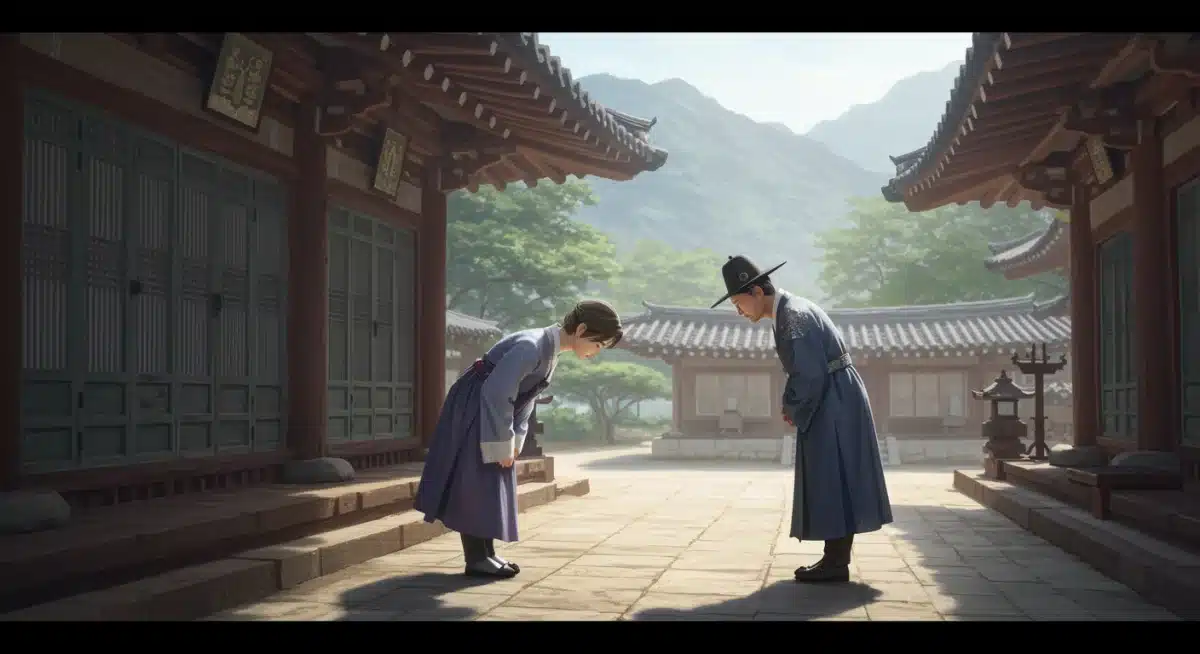 Korean character bowing respectfully to an elder, illustrating a cultural nuance