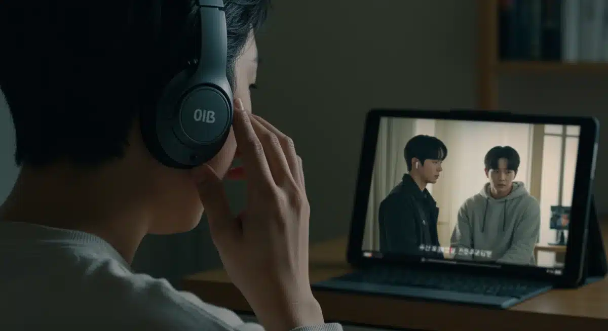 Person enjoying K-drama OSTs through headphones with K-drama scenes on a tablet.