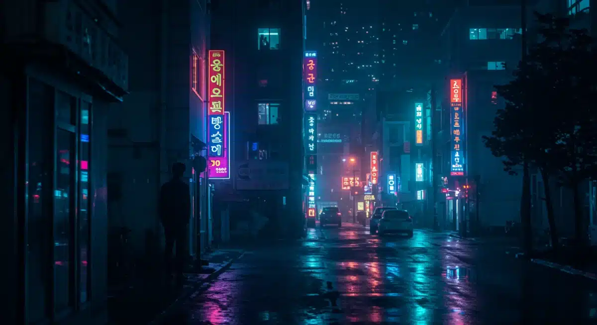 Modern cityscape at night, hinting at a thrilling K-Drama plot.