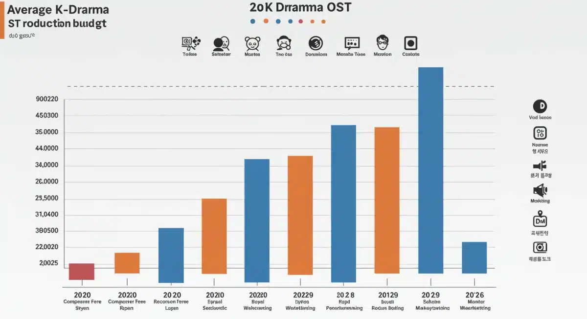 Infographic displaying increasing K-Drama OST production budgets from 2020 to 2026 with cost breakdown icons.