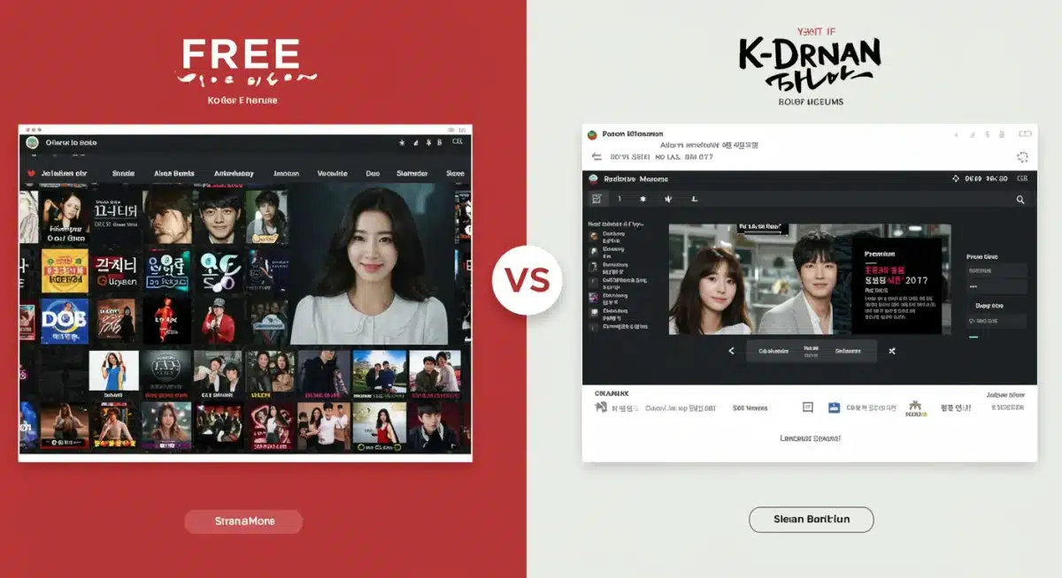 Comparison of free and premium K-Drama streaming interfaces, highlighting ads versus ad-free experience.