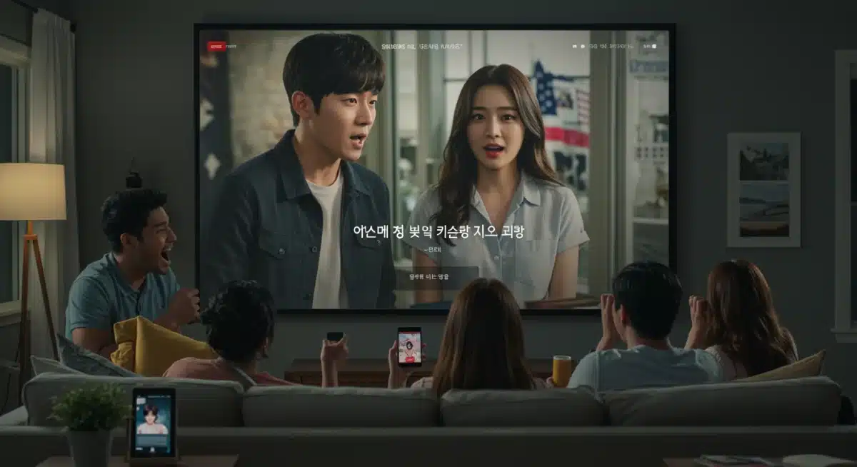 Diverse US audience enjoying K-drama with advanced subtitle features on a large screen.