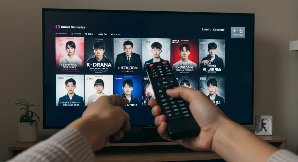 Person using a remote to browse K-Dramas on a smart TV in a cozy living room.