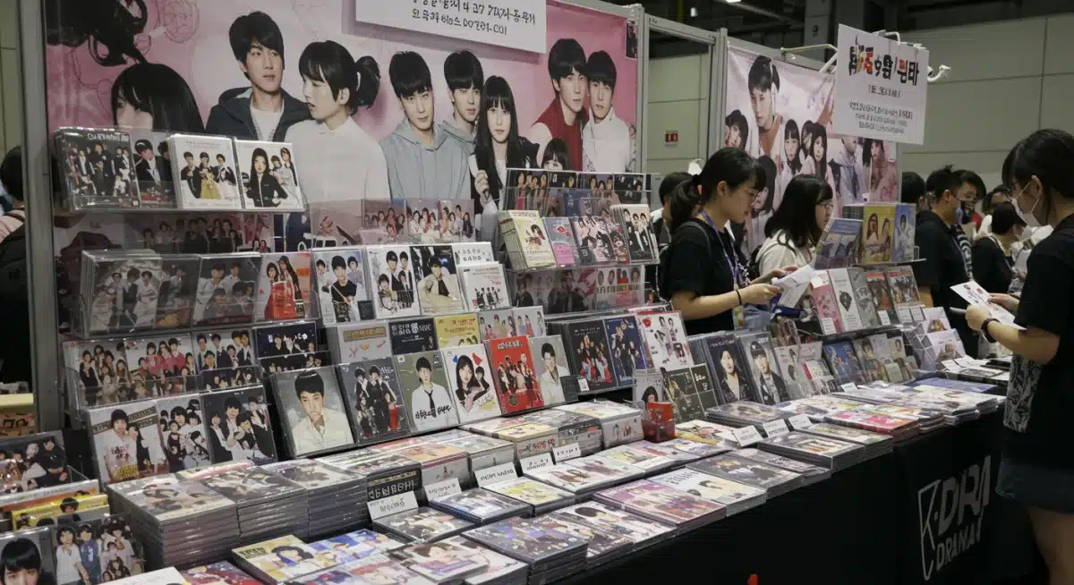 A convention booth filled with diverse K-Drama merchandise, highlighting the economic aspects of fan culture.