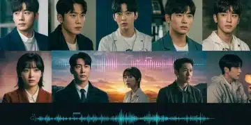 Dynamic collage of top K-Drama scenes from 2026 with musical motifs, symbolizing chart-topping OSTs.