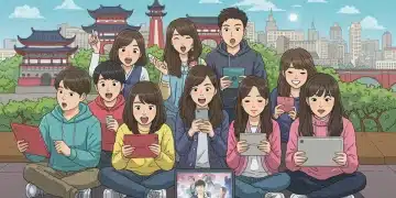Group of friends enjoying K-Dramas on different streaming devices, vibrant and modern.