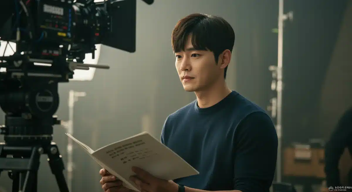 Lee Do-hyun reviewing a script on a bustling film set, demonstrating his dedication to his craft.