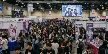 Attendees at a bustling US K-Drama convention, showcasing diverse fan engagement and vibrant cultural exchange.