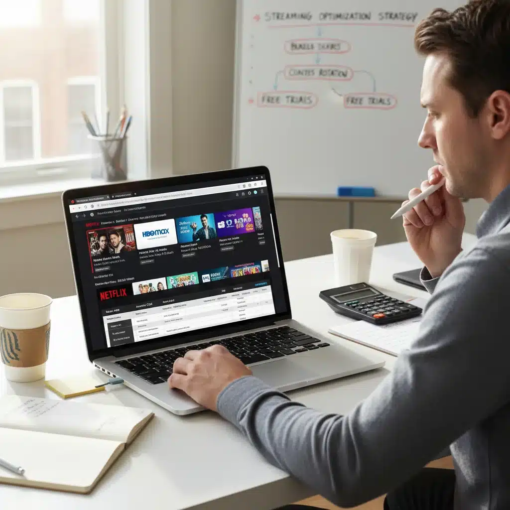 Individual comparing subscription plans on a laptop to optimize streaming budget.