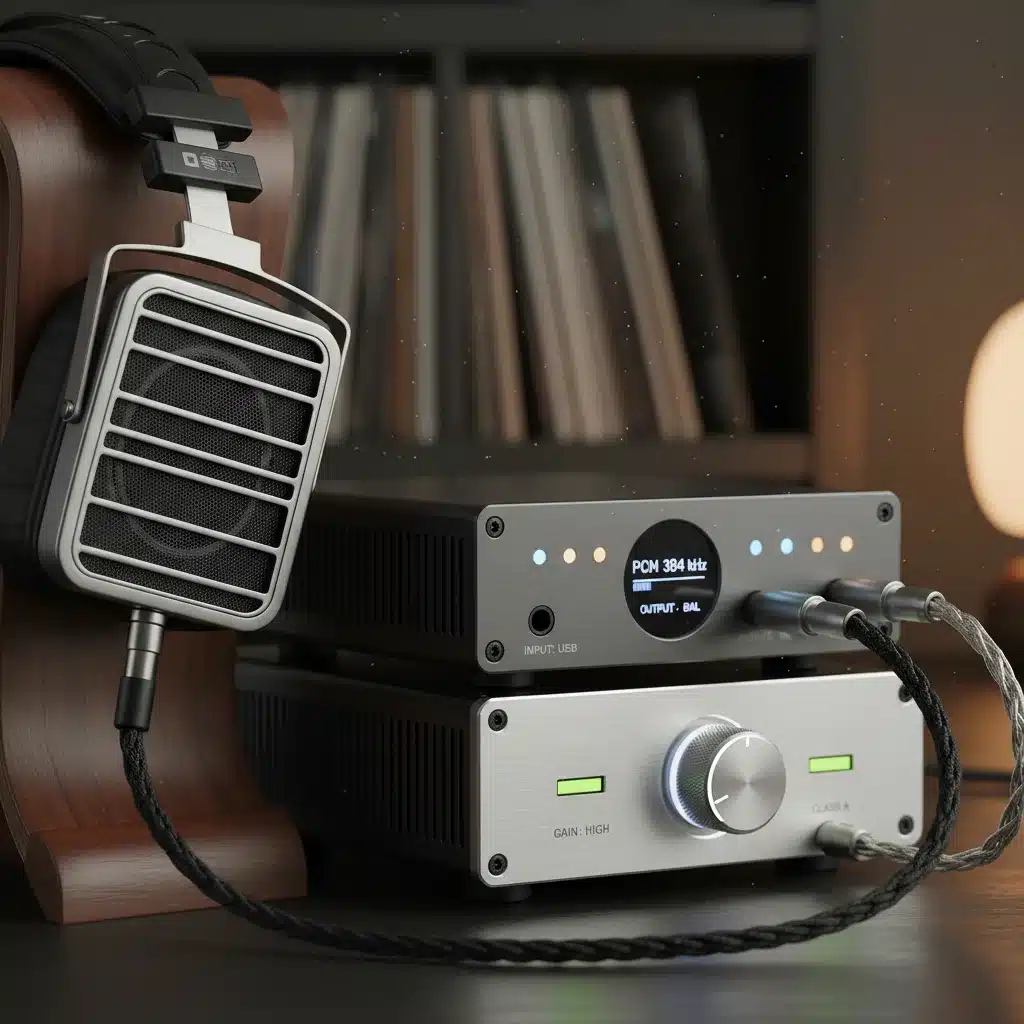 Digital-to-Analog Converter (DAC) and amplifier stack with high-end headphones, enhancing K-Drama OST audio.