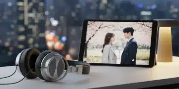 High-fidelity headphones and tablet displaying K-Drama scene, optimal K-Drama OST audio setup.