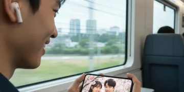 Woman watching K-Drama on mobile phone on train