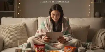 Person watching K-Drama on tablet, surrounded by snacks, symbolizing enjoyable streaming experience.