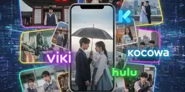Multiple streaming service logos and K-drama scenes on a digital interface, reflecting 2026 K-drama streaming in the US.