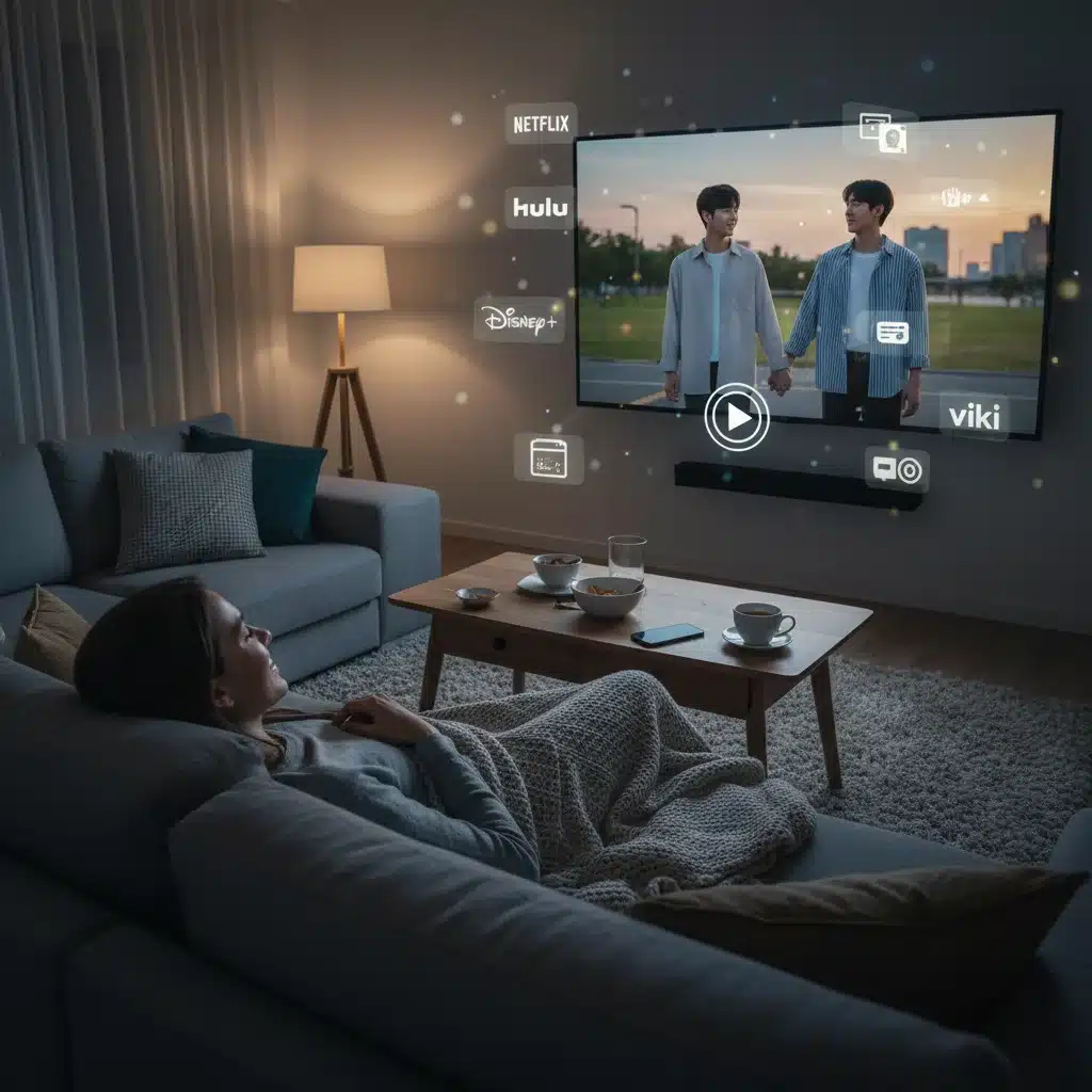Person watching K-drama on smart TV surrounded by streaming app icons, illustrating immersive viewing.