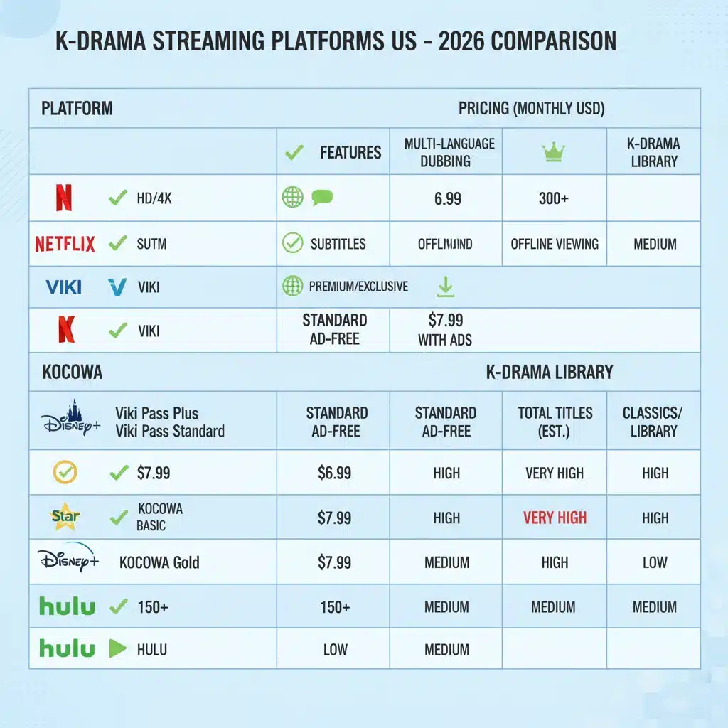 Infographic comparing K-drama streaming service features and pricing in the US for 2026.