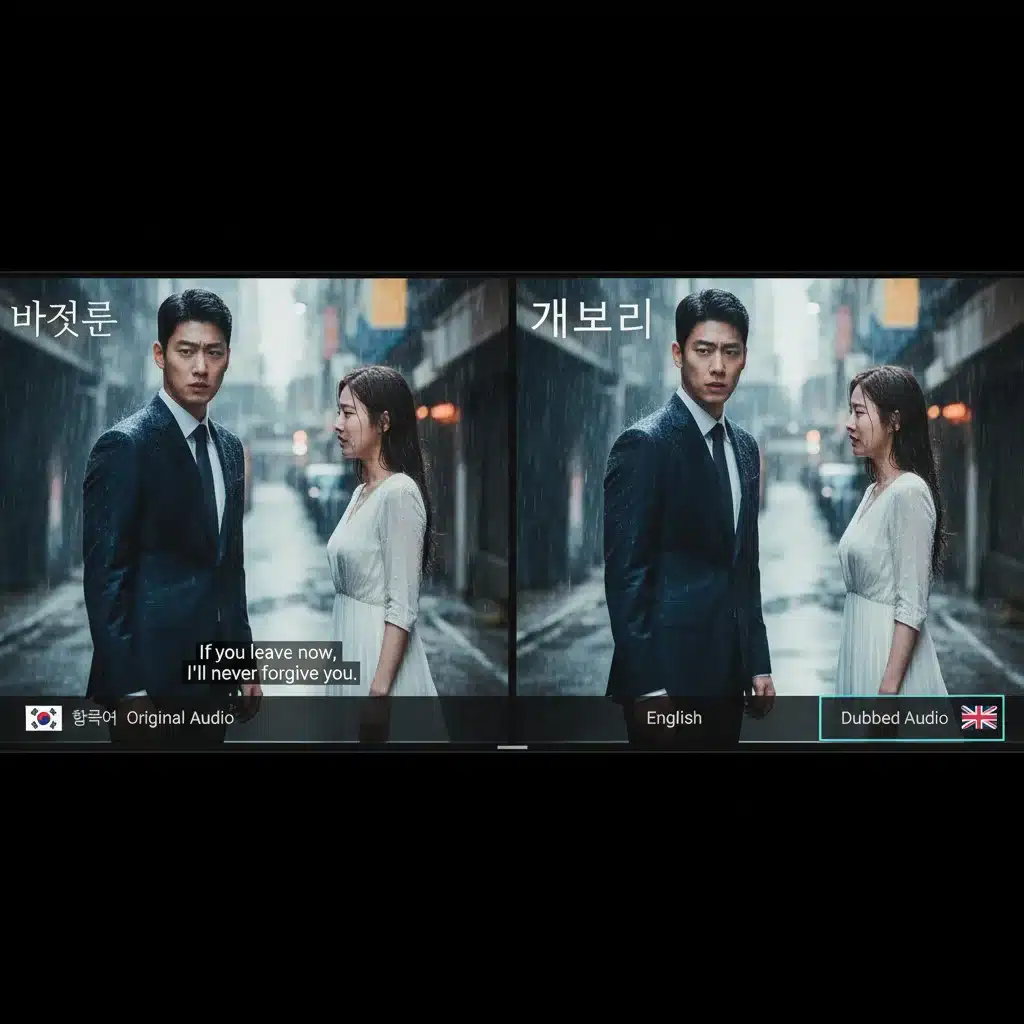 K-Drama scene demonstrating subtitle and dub options