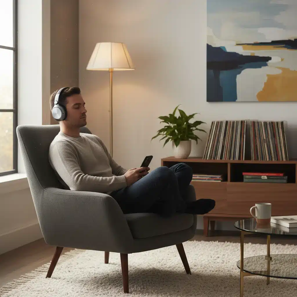 Person enjoying K-Drama OST with wireless over-ear headphones in a comfortable living room setting.