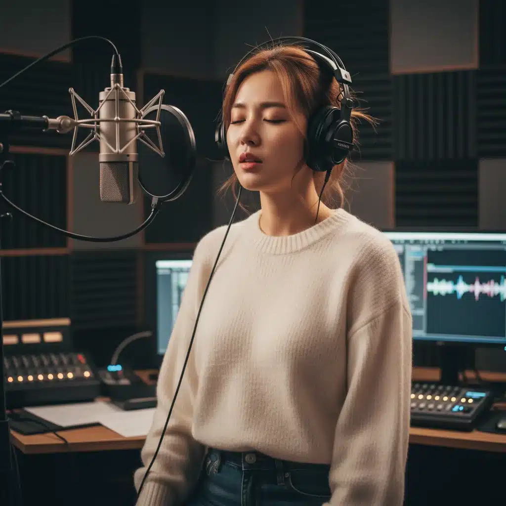 Yoo Min-seo, an emerging K-Drama OST artist, recording in a professional studio.