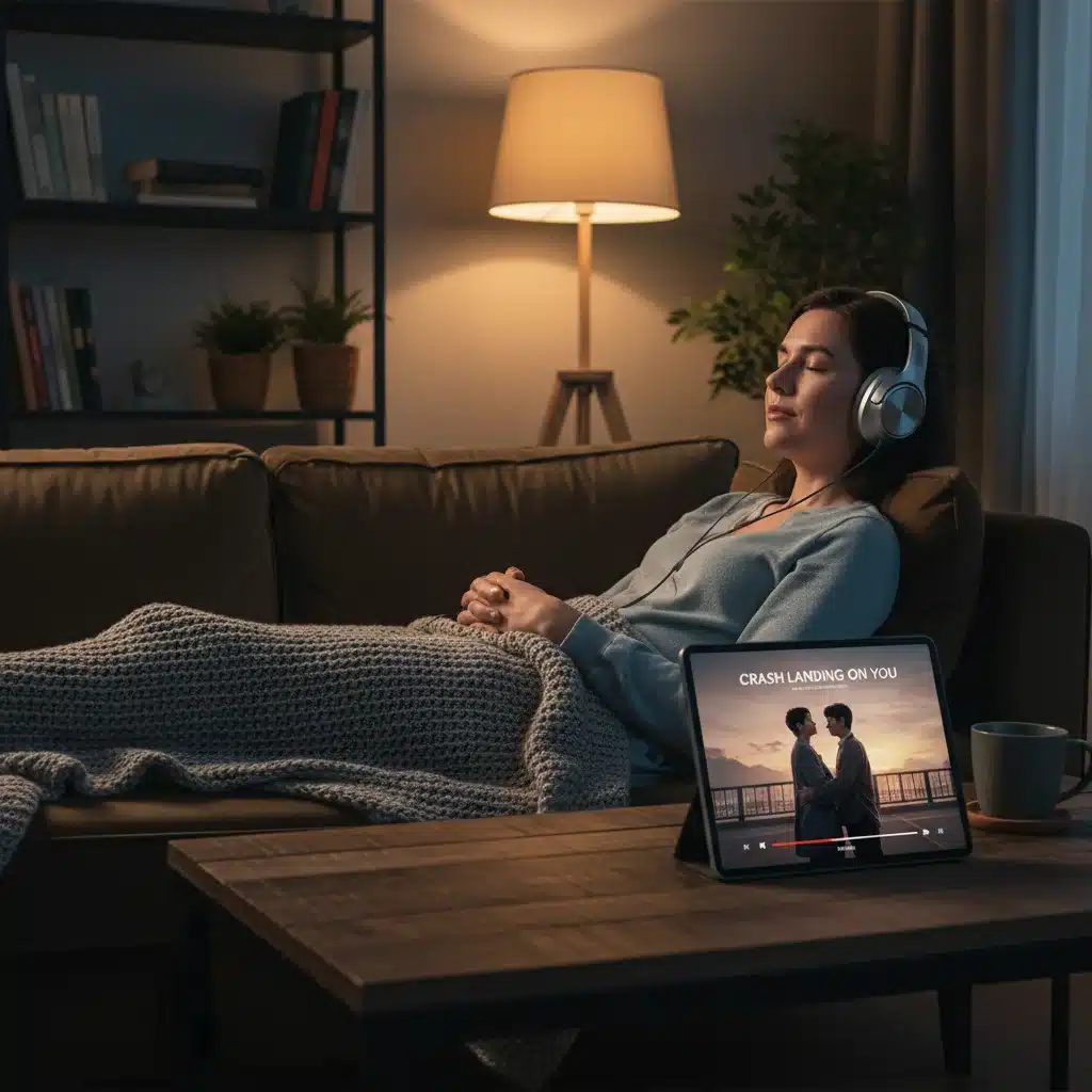 Person enjoying K-Drama OSTs with headphones, relaxing on a sofa.