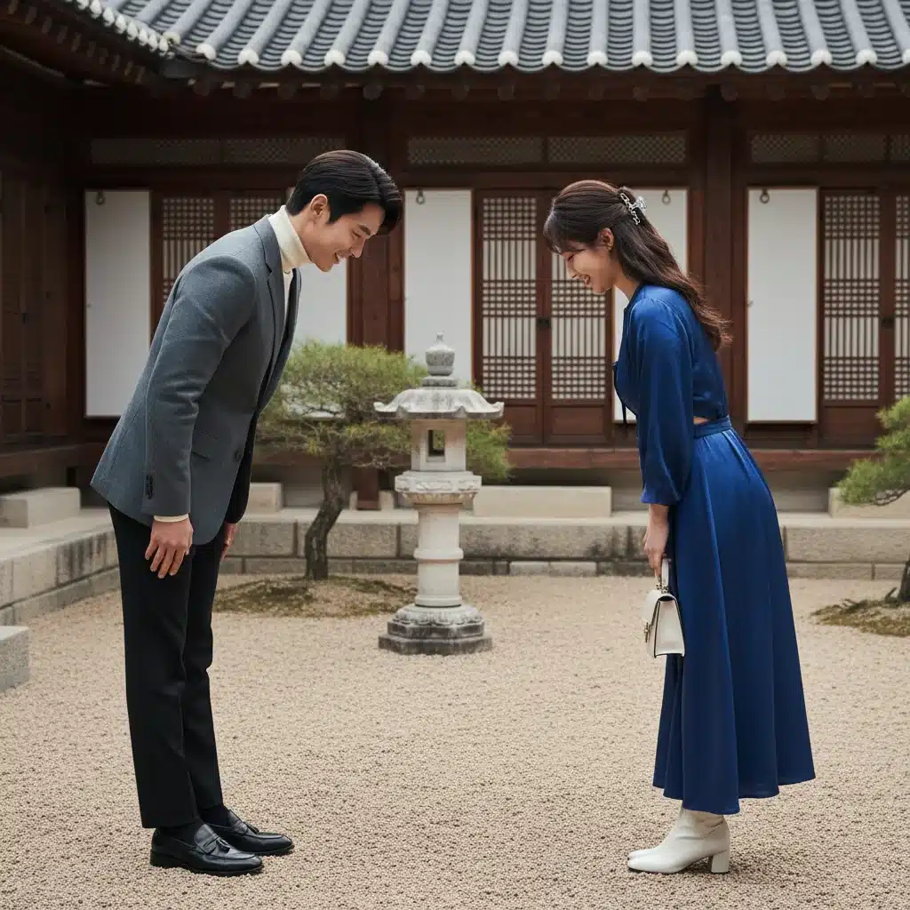 Young K-drama actors bowing, illustrating respectful Korean honorifics.