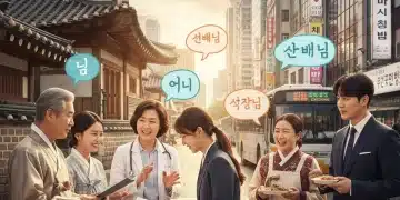 Illustration of diverse K-drama characters interacting, symbolizing Korean honorifics and social dynamics.
